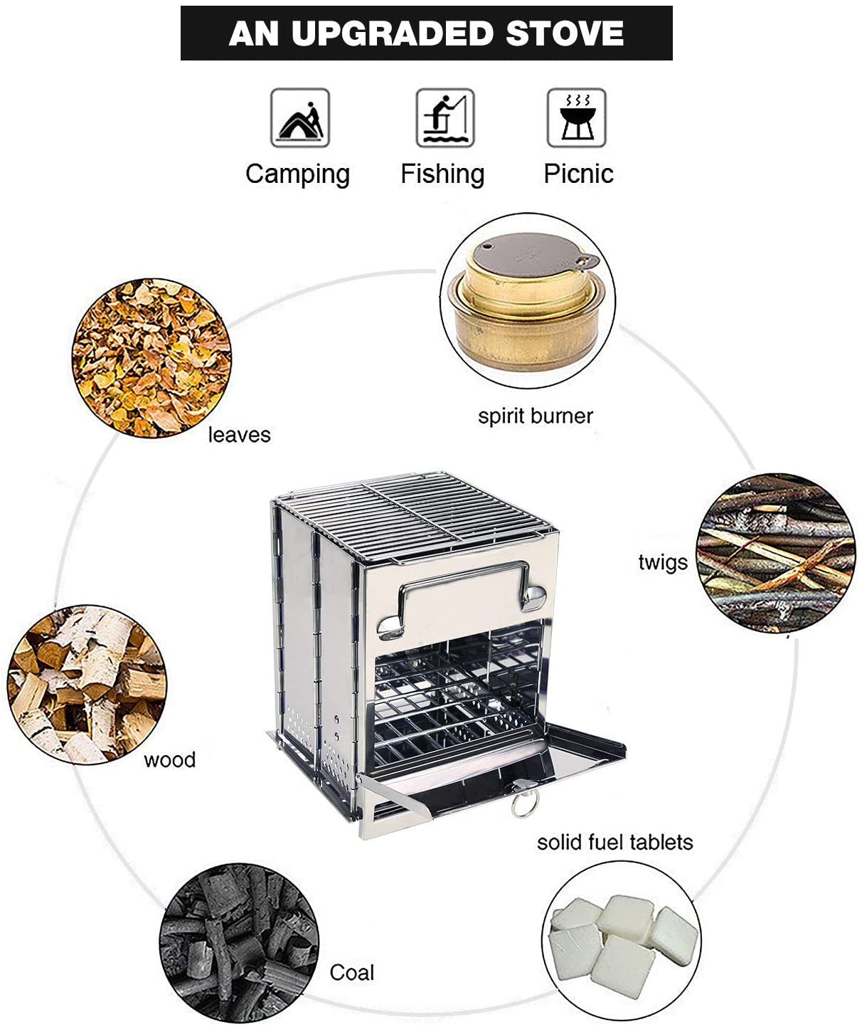 Camping Wood Burning Stove, Stainless Steel Compact Portable Foldable Mini Mult Fuel Camp Stove with Storage Bag, Perfect for Backpacking Hiking Outdoor Cooking Picnic BBQ (Silver-Large)