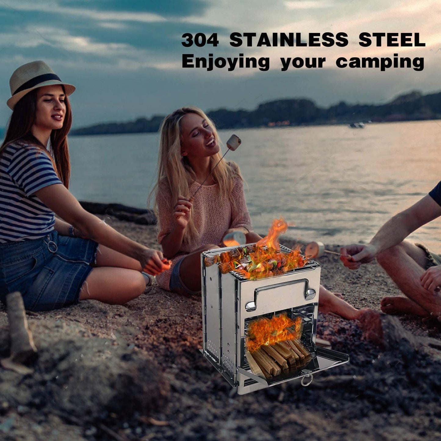 Camping Wood Burning Stove, Stainless Steel Compact Portable Foldable Mini Mult Fuel Camp Stove with Storage Bag, Perfect for Backpacking Hiking Outdoor Cooking Picnic BBQ (Silver-Large)