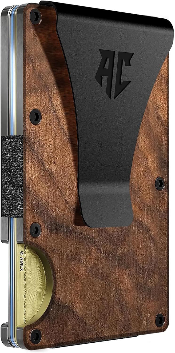 Wallets for Men - Men'S Minimalist Credit Card Holder - Slim Wallet for Men with RFID Blocking - Front Pocket Metal Wallet with Money Clip (Walnut)