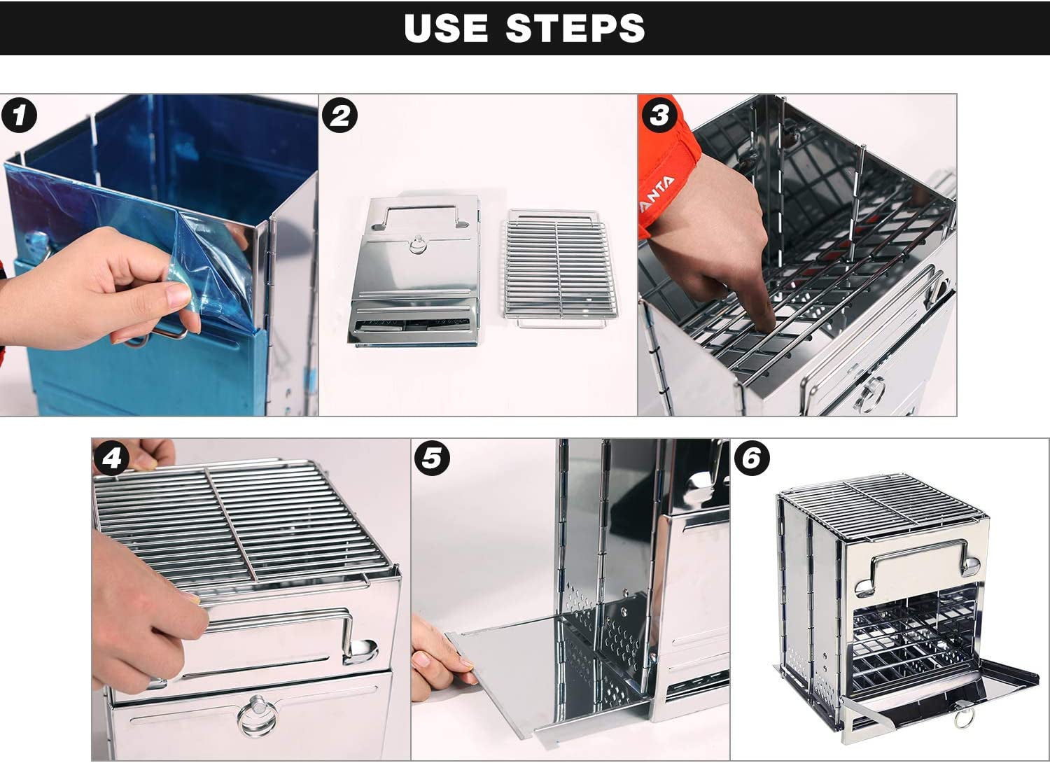 Camping Wood Burning Stove, Stainless Steel Compact Portable Foldable Mini Mult Fuel Camp Stove with Storage Bag, Perfect for Backpacking Hiking Outdoor Cooking Picnic BBQ (Silver-Large)