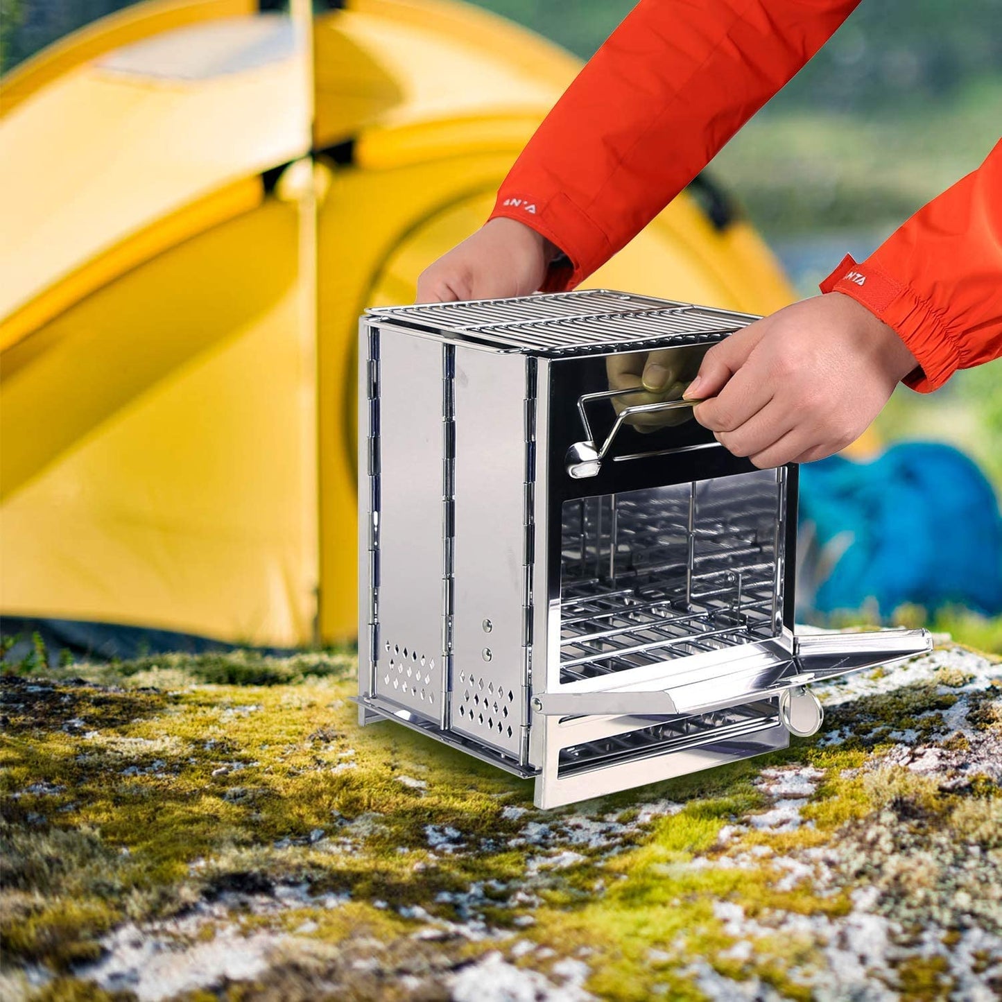 Camping Wood Burning Stove, Stainless Steel Compact Portable Foldable Mini Mult Fuel Camp Stove with Storage Bag, Perfect for Backpacking Hiking Outdoor Cooking Picnic BBQ (Silver-Large)